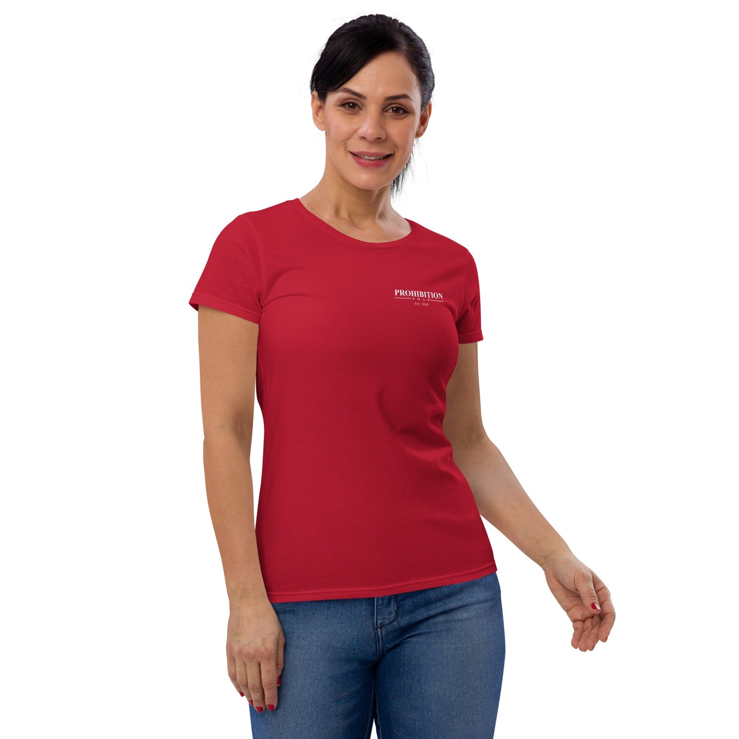 Red fitted crew-neck T-shirt with small Prohibition Soap logo on front