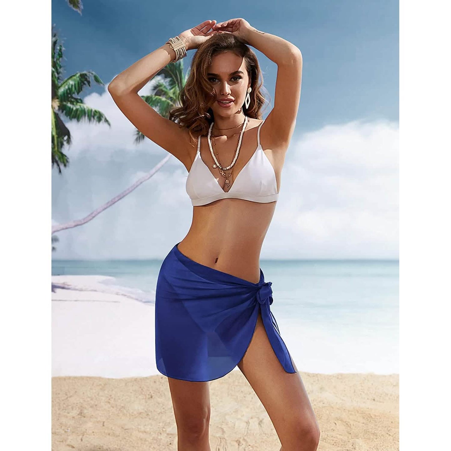 Short sarong beach wrap in deep blue, tied knot at the hip with flowing wrap