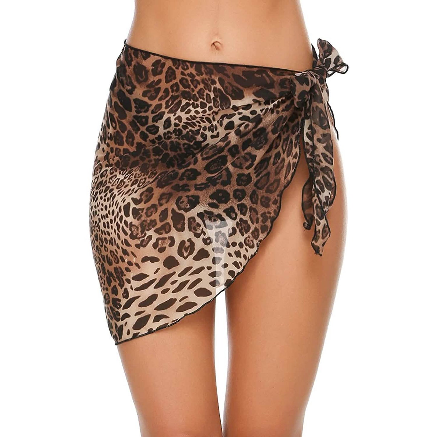 Women’s short sarong beach wrap, leopard print with tied waist and draped front