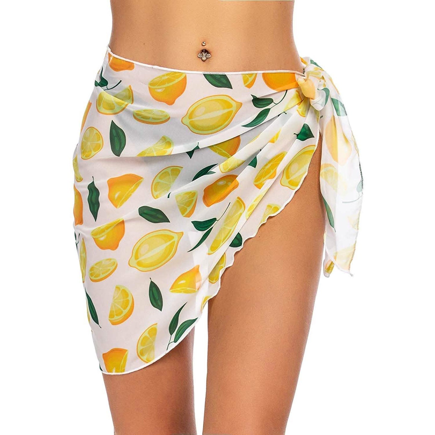 Short sarong beach wrap in white with lemon print, tied side wrap with bow