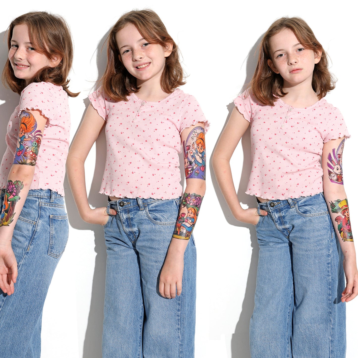 Temporary tattoo sleeve on child’s arm, with wonderland cartoon figures in colorful ink