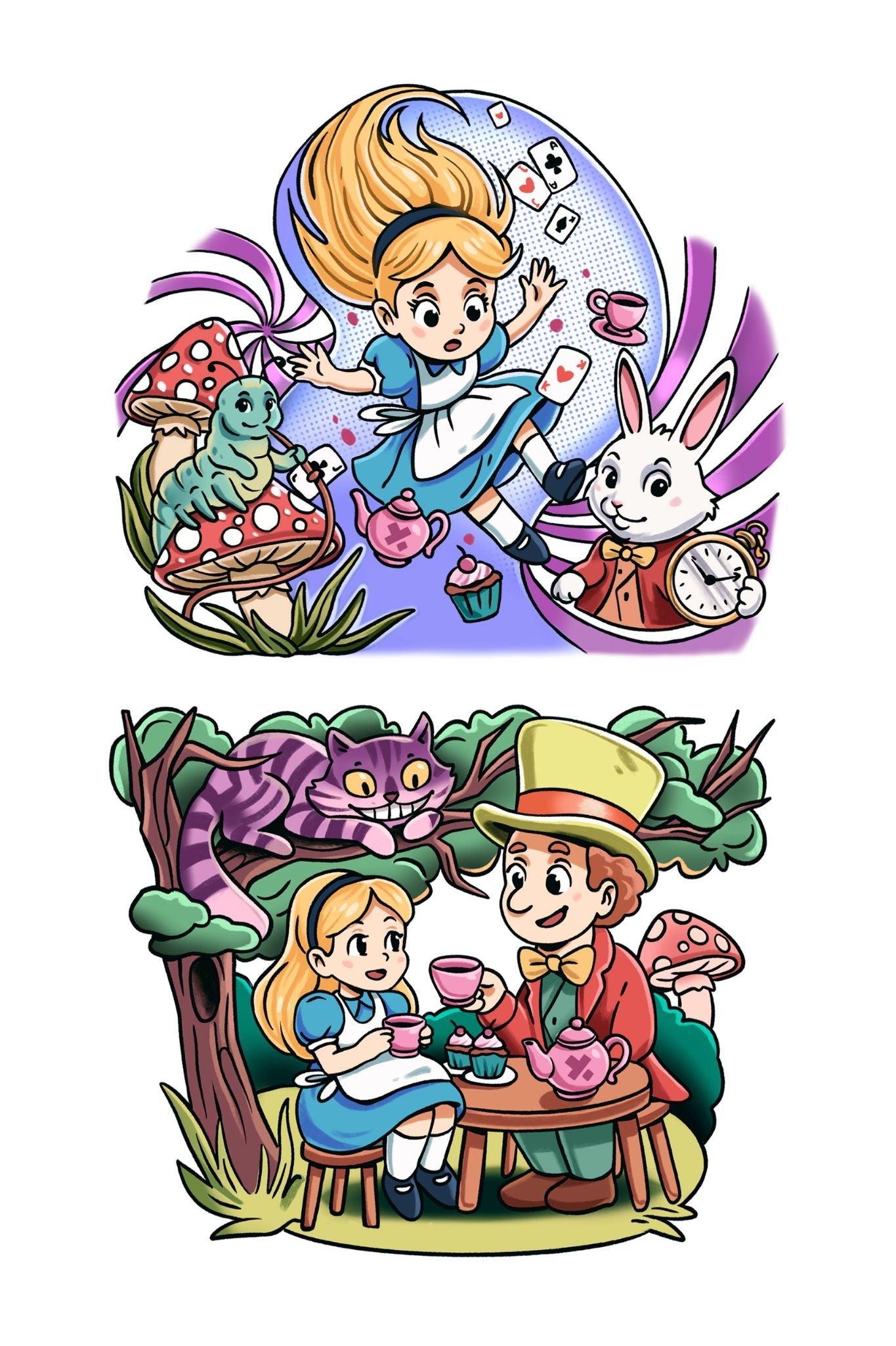 Temporary kids tattoo sleeve with Alice, rabbit, and clock in bright wonderland art