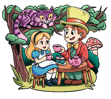Temporary kids tattoo sleeve design: tea party couple, cat, mushrooms, and purple tree