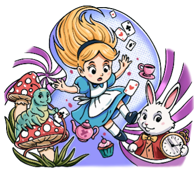 Temporary kids tattoo sleeve design: blue girl with cards, rabbit, and mushrooms