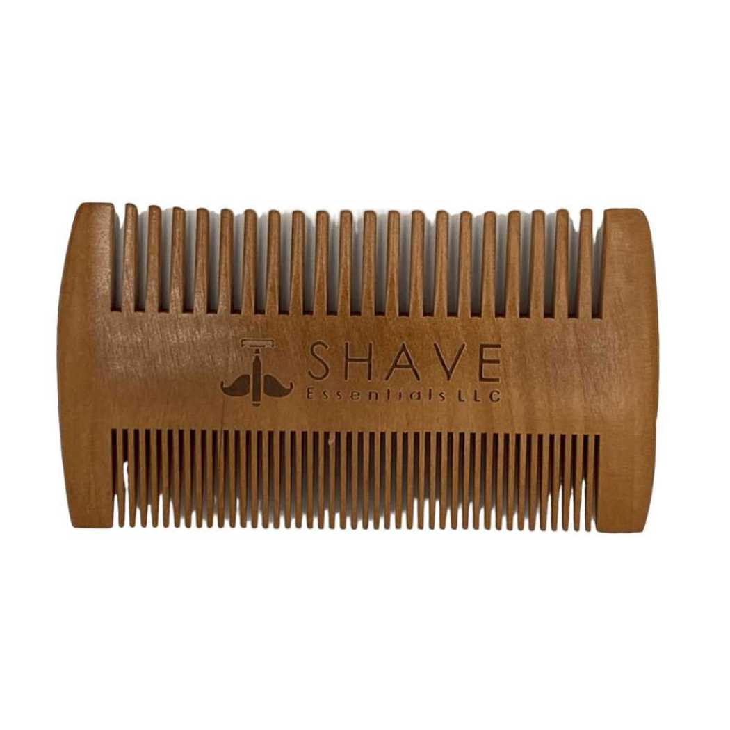 Wooden beard comb with fine teeth and SHAVE Essentials LLC logo.