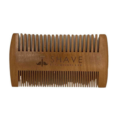 Wooden beard comb with fine teeth and SHAVE Essentials LLC logo.