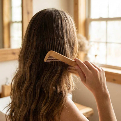 Wooden hair comb with fine teeth held against dark hair