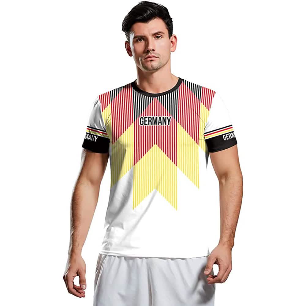 Germany soccer jersey front with 'GERMANY' badge and red-yellow striped design