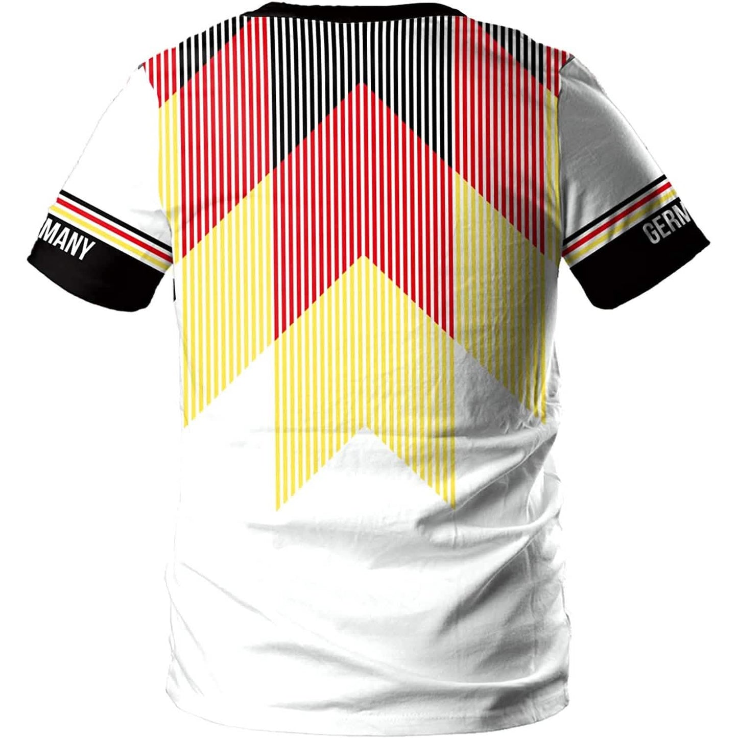 Germany soccer jersey back view with red and yellow striped pattern and white chevron