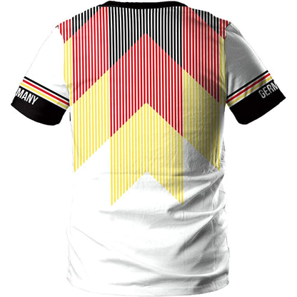 Germany soccer jersey back view with red and yellow striped pattern and white chevron