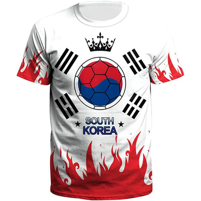 South Korea soccer jersey with crown graphic, ball icon, and red flame side panels