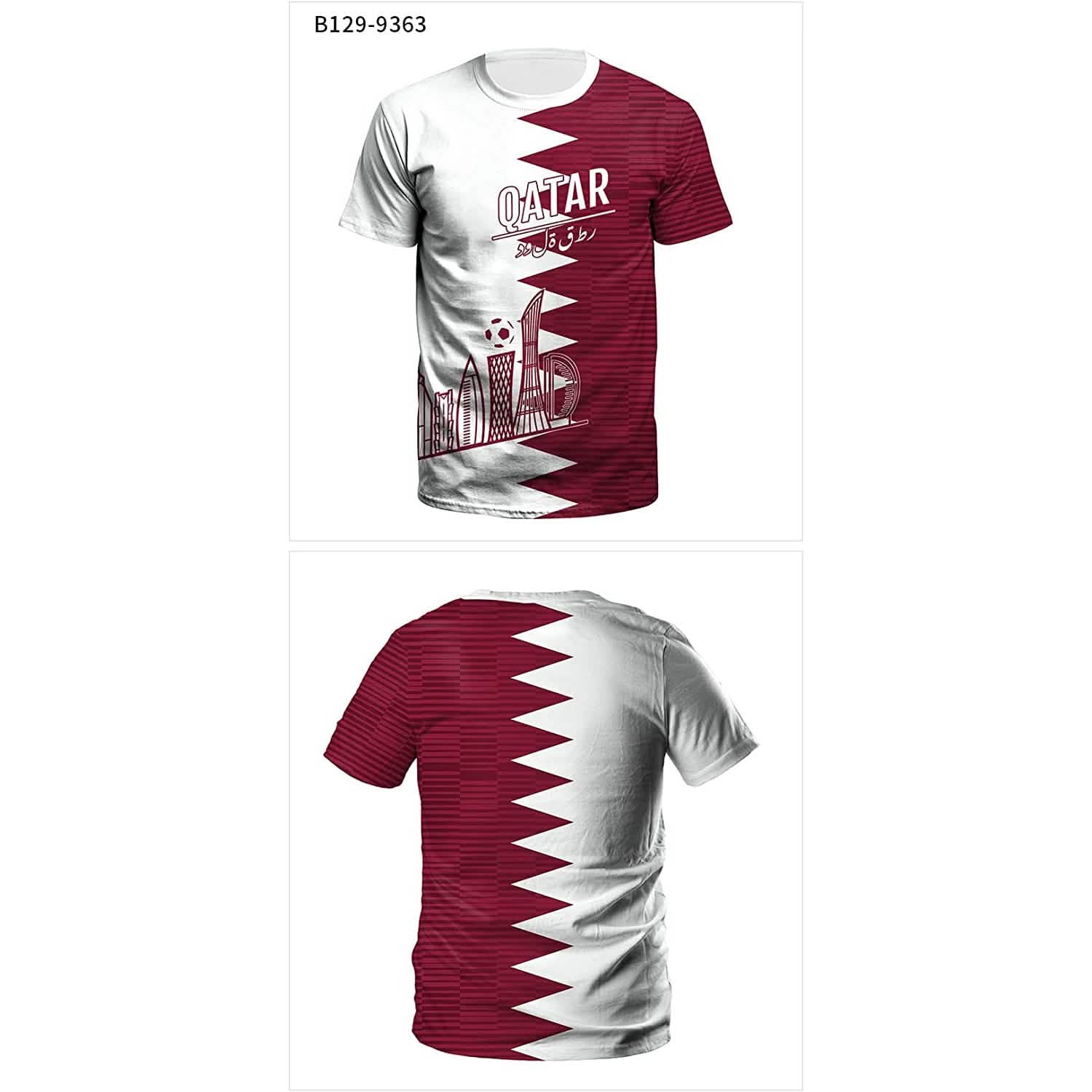 Qatar soccer jersey set showing front and back in maroon and white with zigzag stripe graphic.