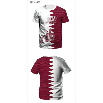 Qatar soccer jersey set showing front and back in maroon and white with zigzag stripe graphic.