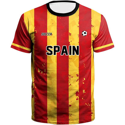 Spain soccer jersey front with red-and-yellow vertical stripes, “SPAIN” text, and soccer ball icon.