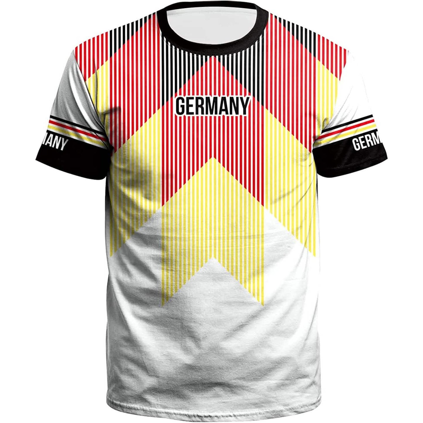 Germany soccer jersey T-shirt with yellow-and-red stripes and large white chevron