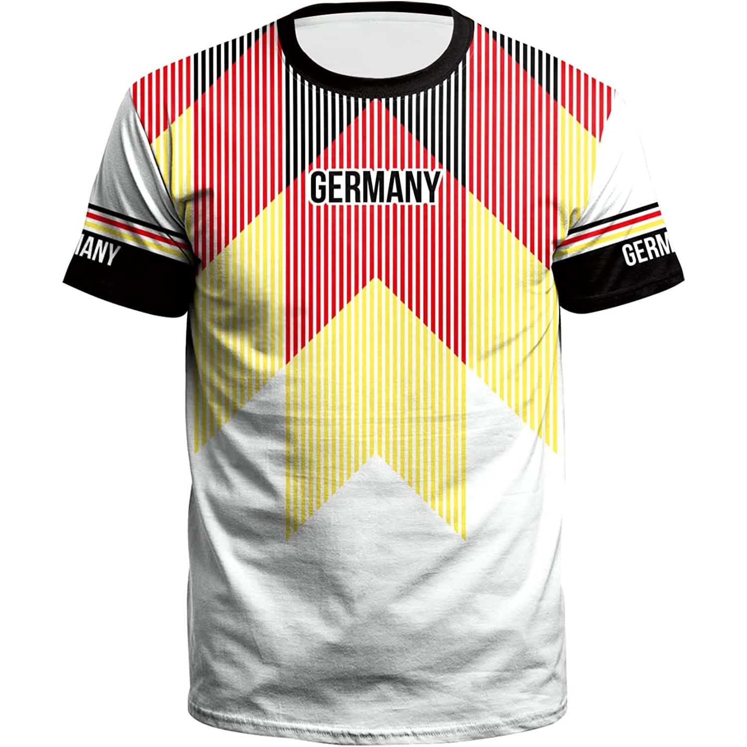 Germany soccer jersey T-shirt with yellow-and-red stripes and large white chevron