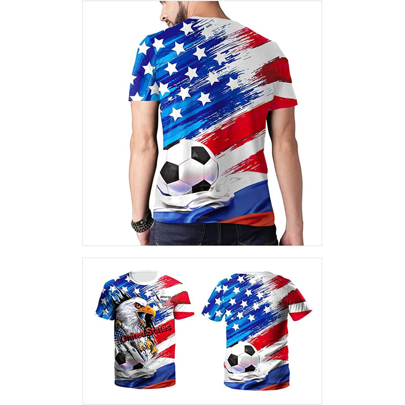 United States soccer jersey T-shirt with stars-and-stripes print and soccer ball, multiple views