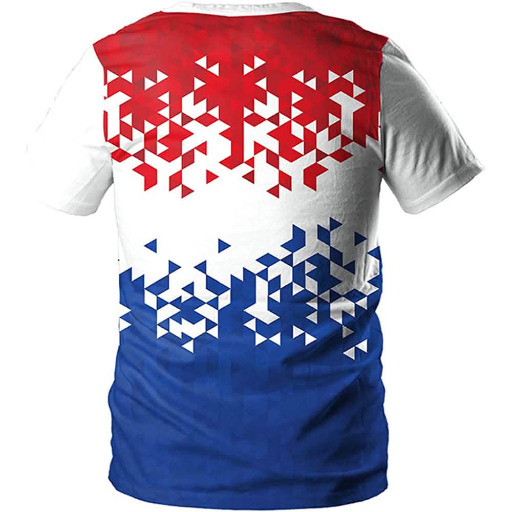 Netherlands soccer jersey back with red and white geometric pattern and blue lower section.