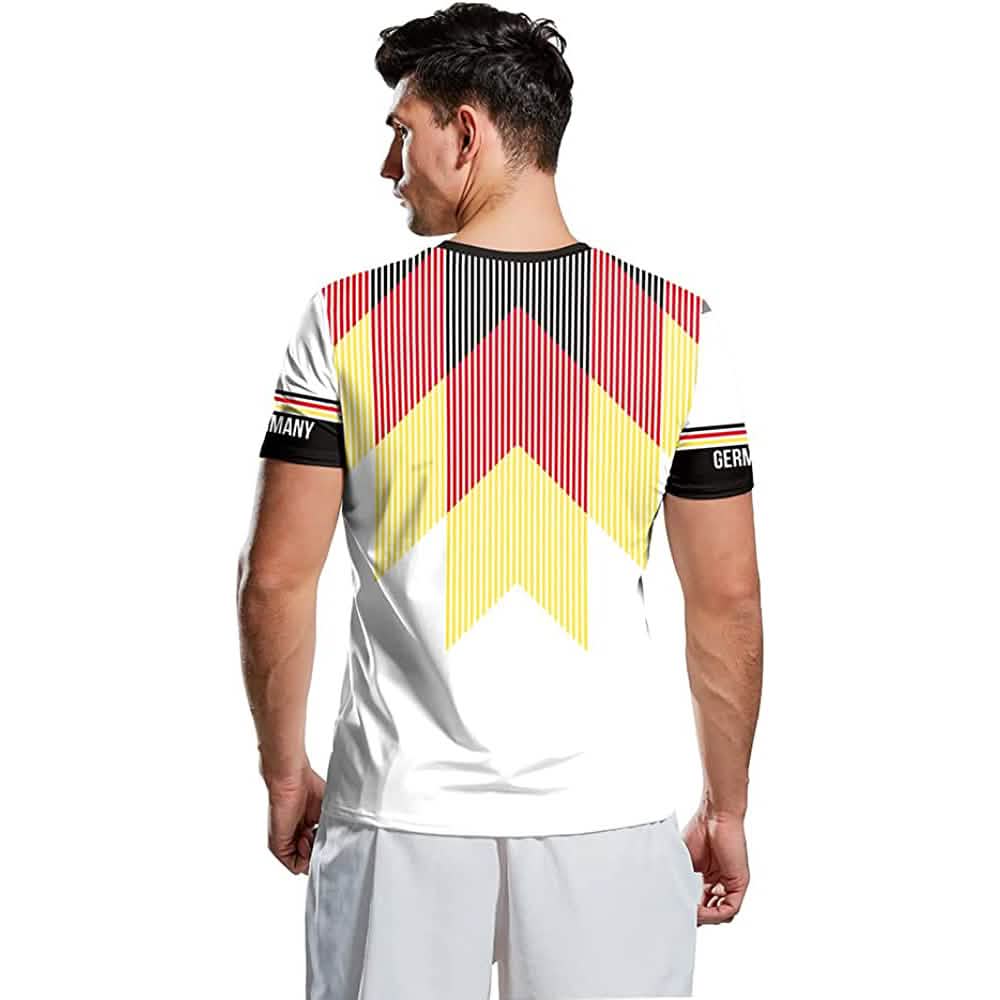 Germany soccer jersey back view with red and yellow striped design and white chevron