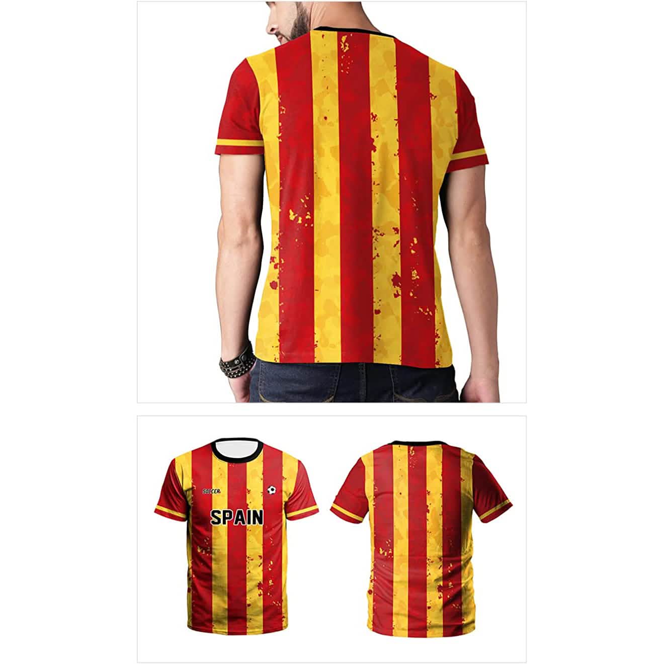 Spain soccer jersey T-shirt with red and yellow vertical stripes, short sleeves, back view