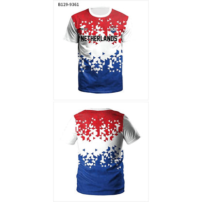 Netherlands soccer jersey set showing front and back in white, red, and blue with geometric print.