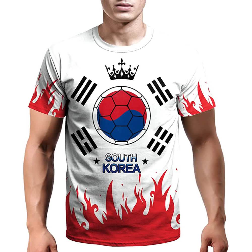 South Korea soccer jersey with soccer ball graphic, crown logo, and red flame accents