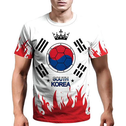 South Korea soccer jersey with soccer ball graphic, crown logo, and red flame accents