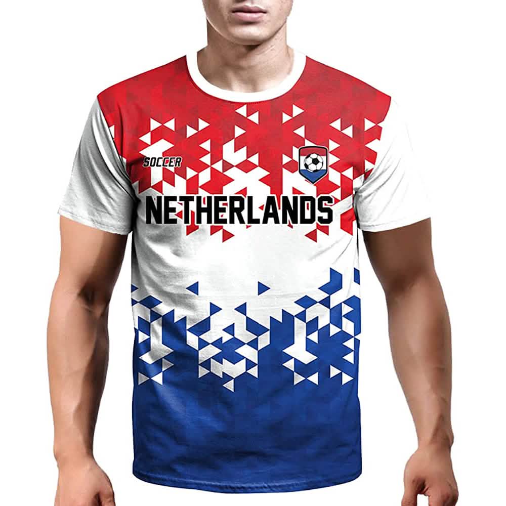 Netherlands soccer jersey with white and red geometric pattern, blue lower section, and team emblem.