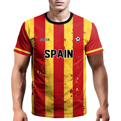 Spain soccer jersey with red-and-yellow vertical stripes, “SPAIN” text, and small soccer ball icon.