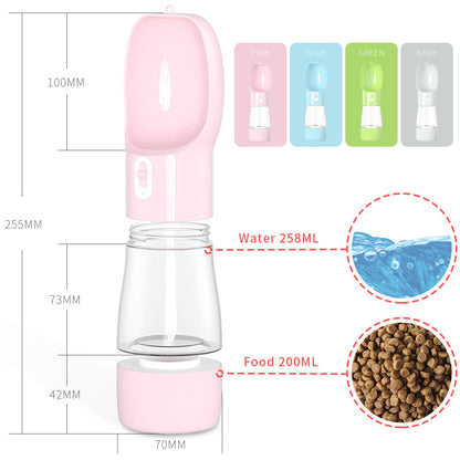 Pet dog water feeder bottle in pink with water and food capacity callouts