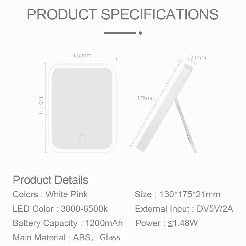 Makeup mirror size and materials specs shown with dimensions and input details