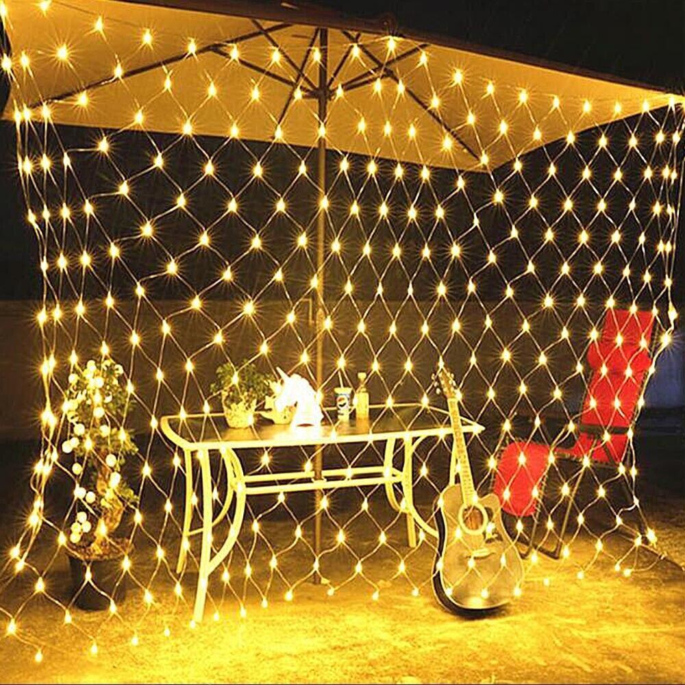 Net mesh solar fairy lights with warm white glowing strands