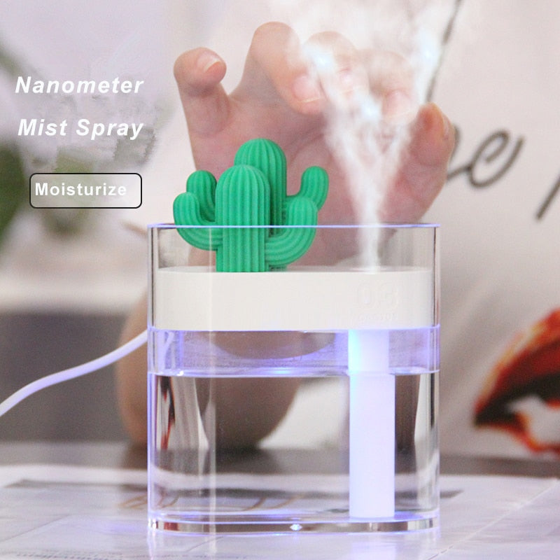 Clear ultrasonic humidifier with green cactus top, mist spray rising from the center