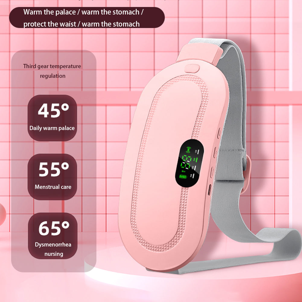 Pink abdominal massage belt with gray side straps and oval heated pad