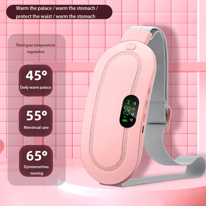 Pink abdominal massage belt with gray side straps and oval heated pad