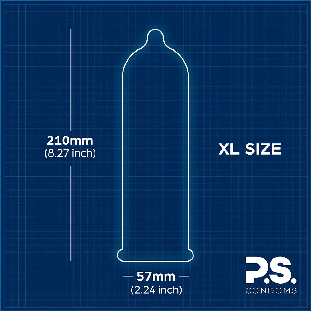 XL-size condom diagram showing 210mm length and 57mm width
