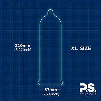 XL-size condom diagram showing 210mm length and 57mm width