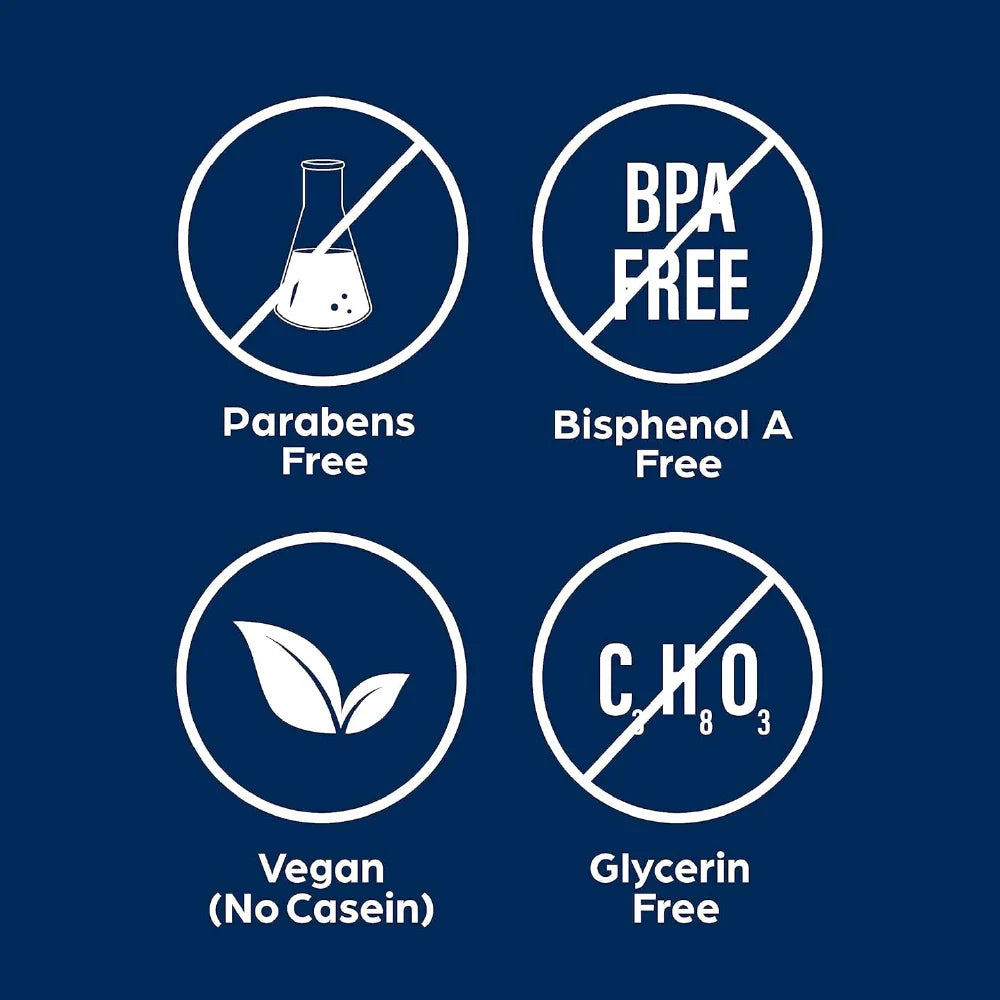 Condom packaging badges: paraben-free, BPA-free, vegan, glycerin-free