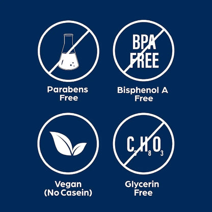 Condom packaging badges: paraben-free, BPA-free, vegan, glycerin-free