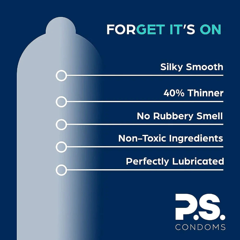 Condom feature card: silky smooth, 40% thinner, non-toxic ingredients