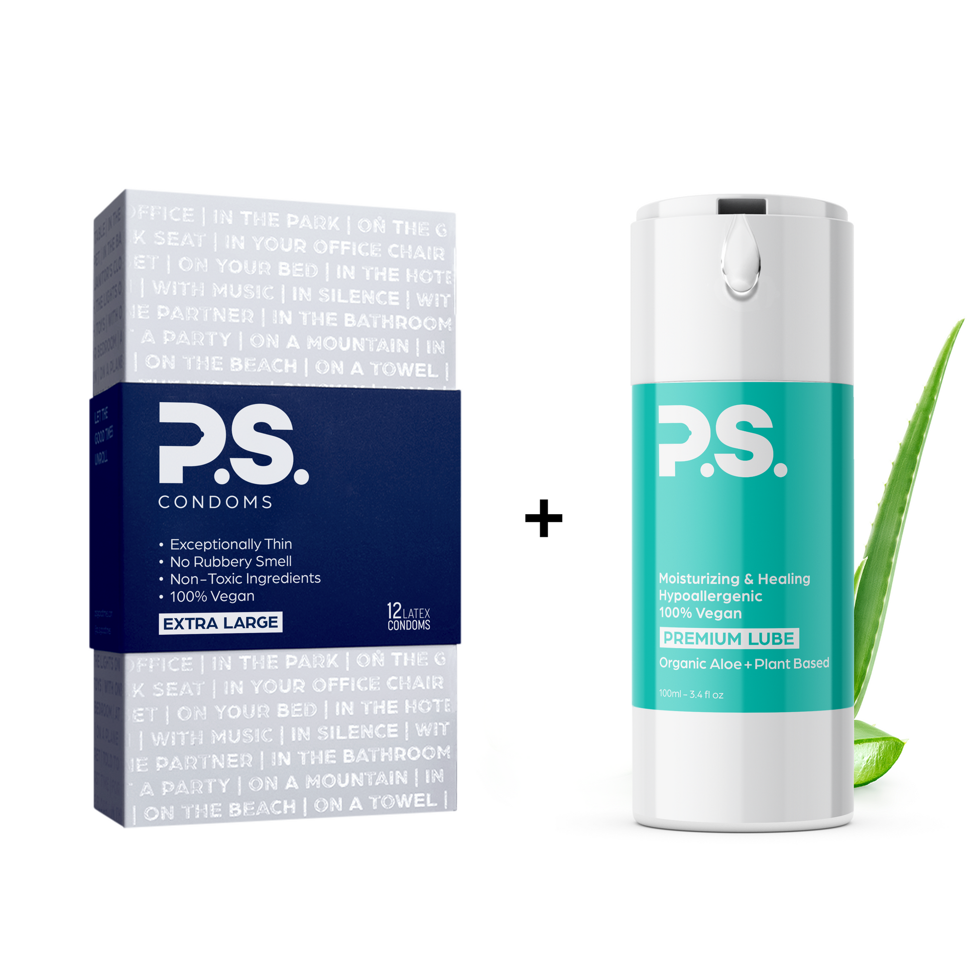 Condoms box (extra large) and organic plant-based body lubricant bottle, teal.
