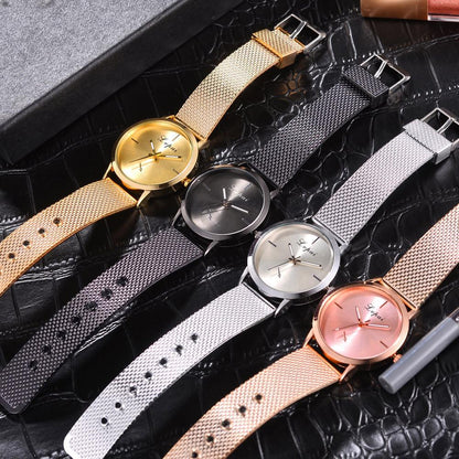 Fashion watch set with metal mesh straps in rose gold, silver, black, and gold