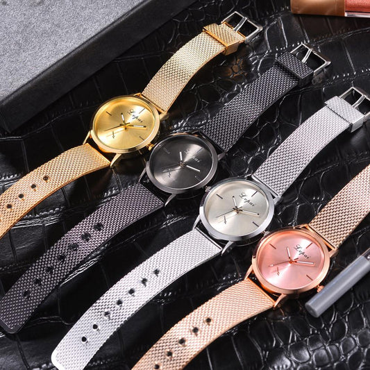 Fashion watch set with metal mesh straps in rose gold, silver, black, and gold