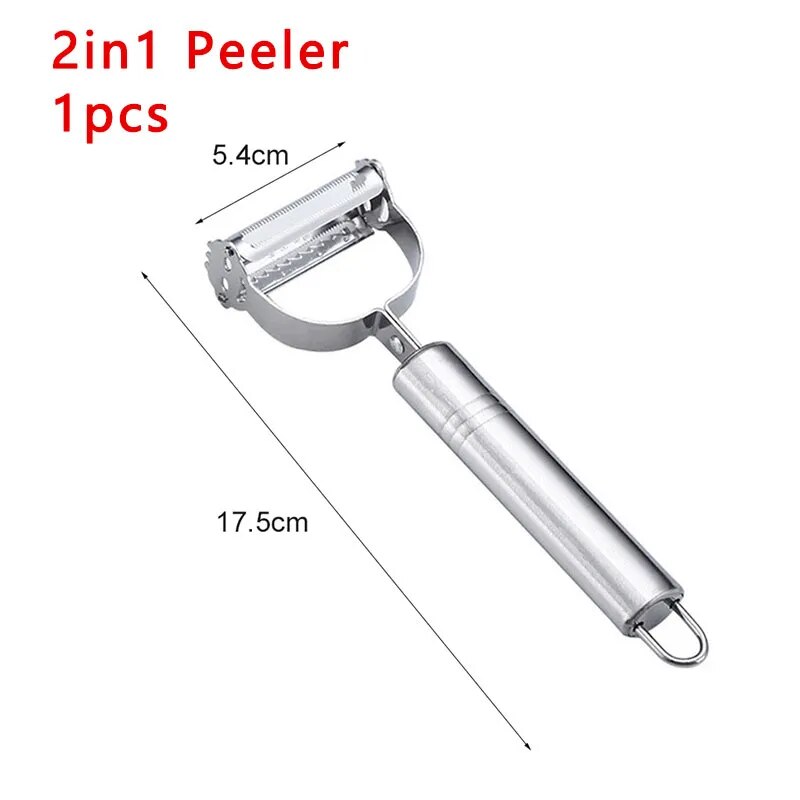 Stainless steel 2-in-1 peeler with narrow serrated roller blade and 17.5cm handle