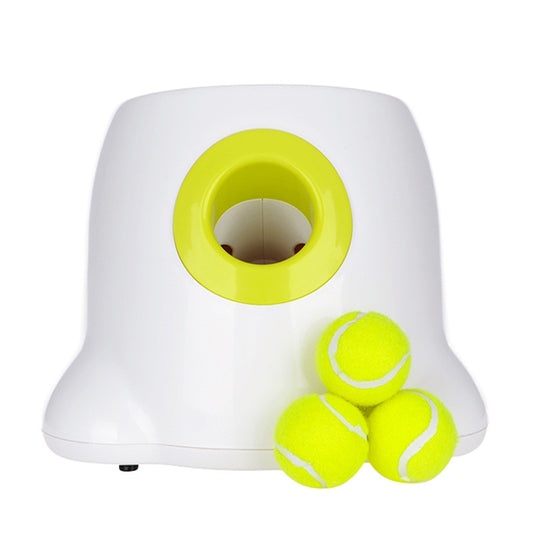 White and lime dog tennis ball launcher with round ball chute opening