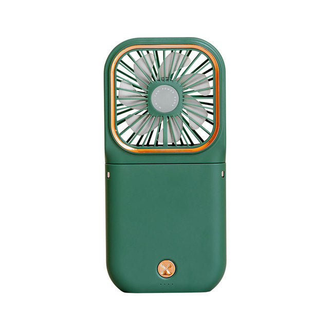 Mini cooling foldable fan in green with square grille and orange-trim detail
