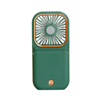 Mini cooling foldable fan in green with square grille and orange-trim detail