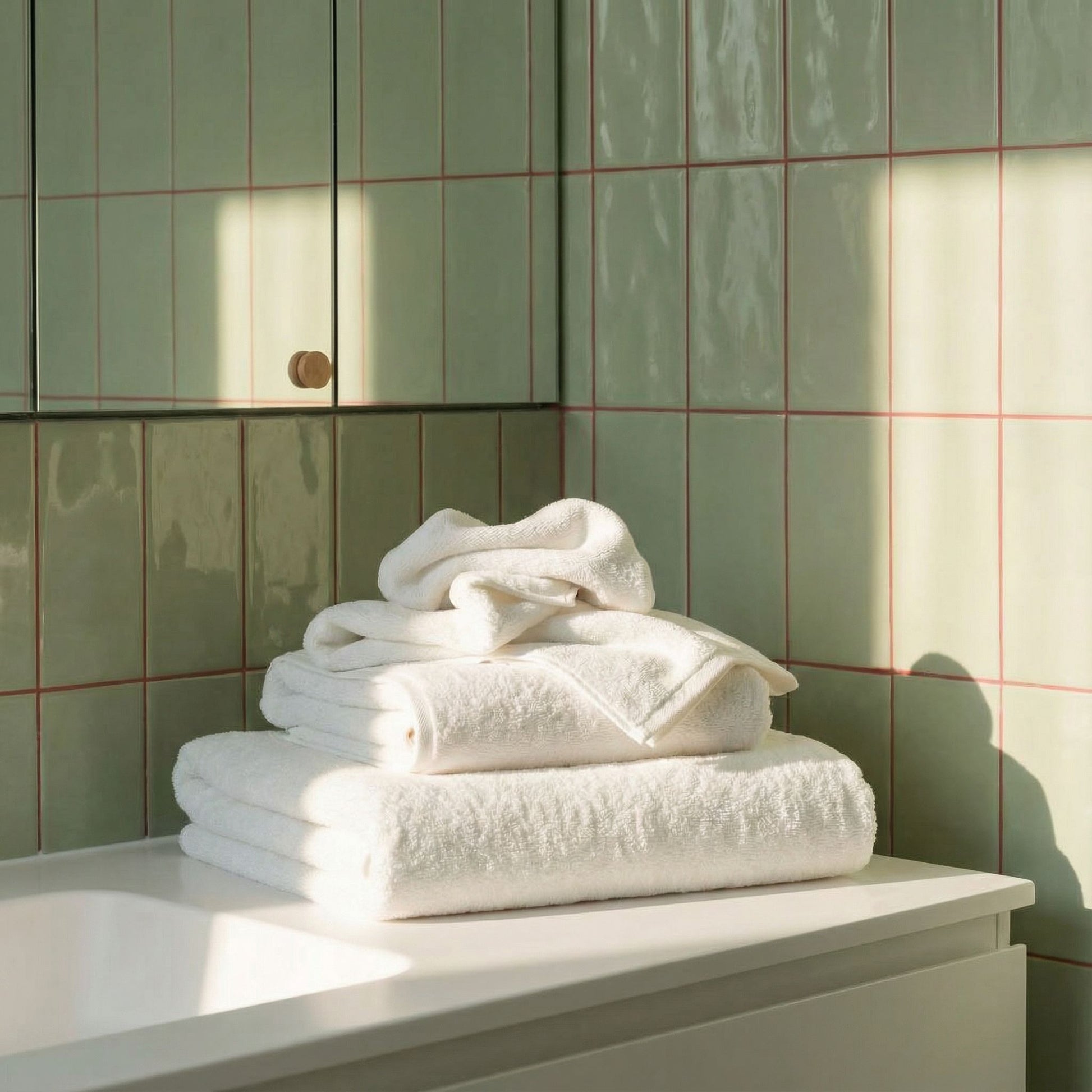 White cotton towels, plush terry, neatly stacked and folded
