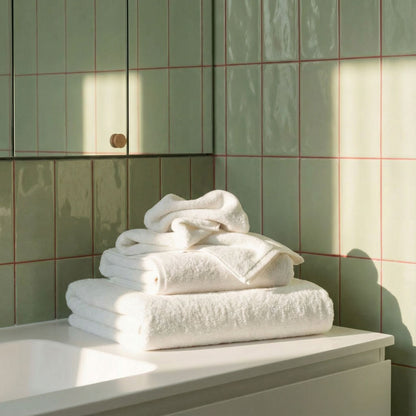 White cotton towels, plush terry, neatly stacked and folded