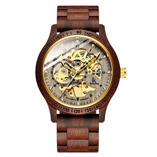 Men’s mechanical wooden watch with reddish-brown wood strap and skeleton dial